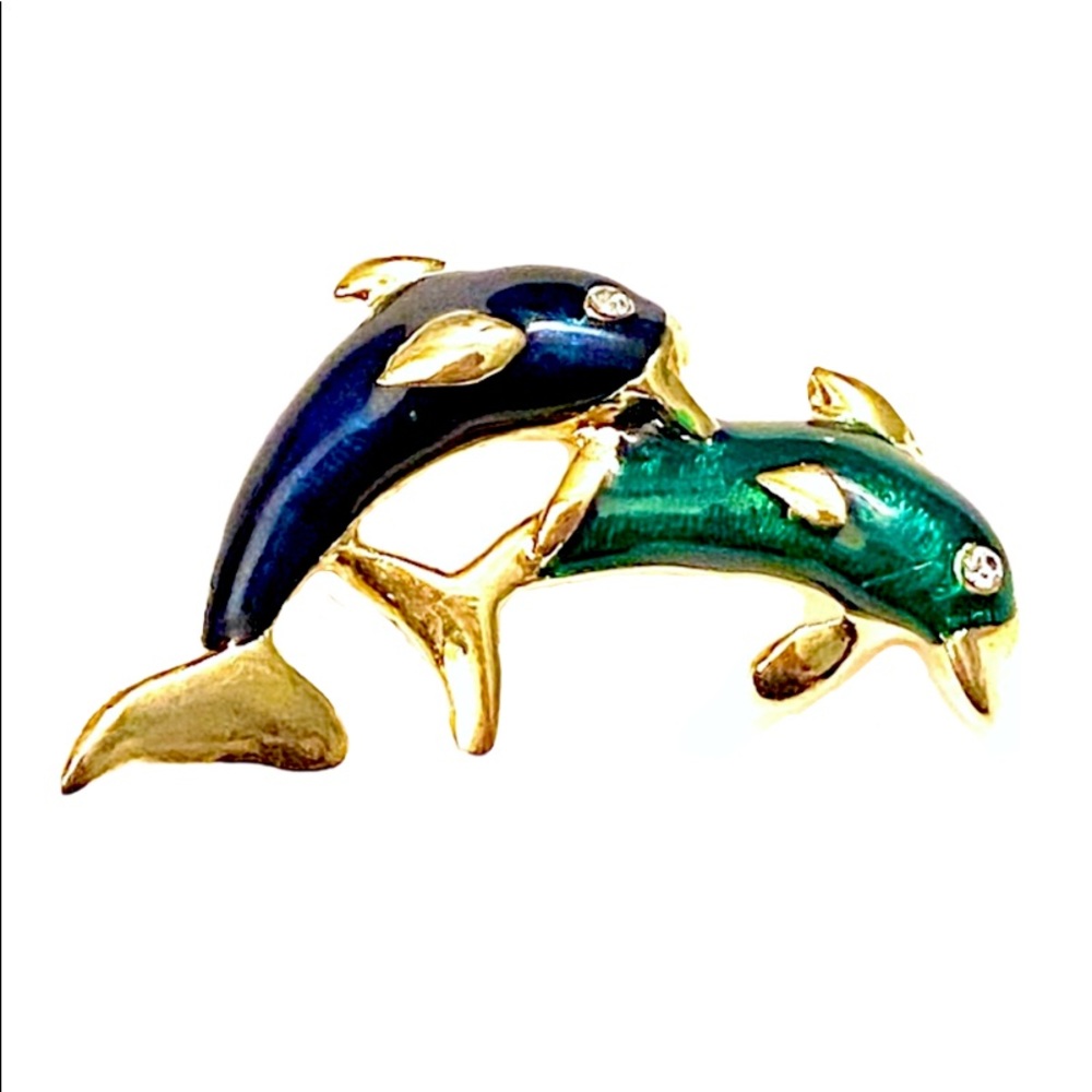 Vintage Dolphin Brooch Blue Green Enamel Gold
